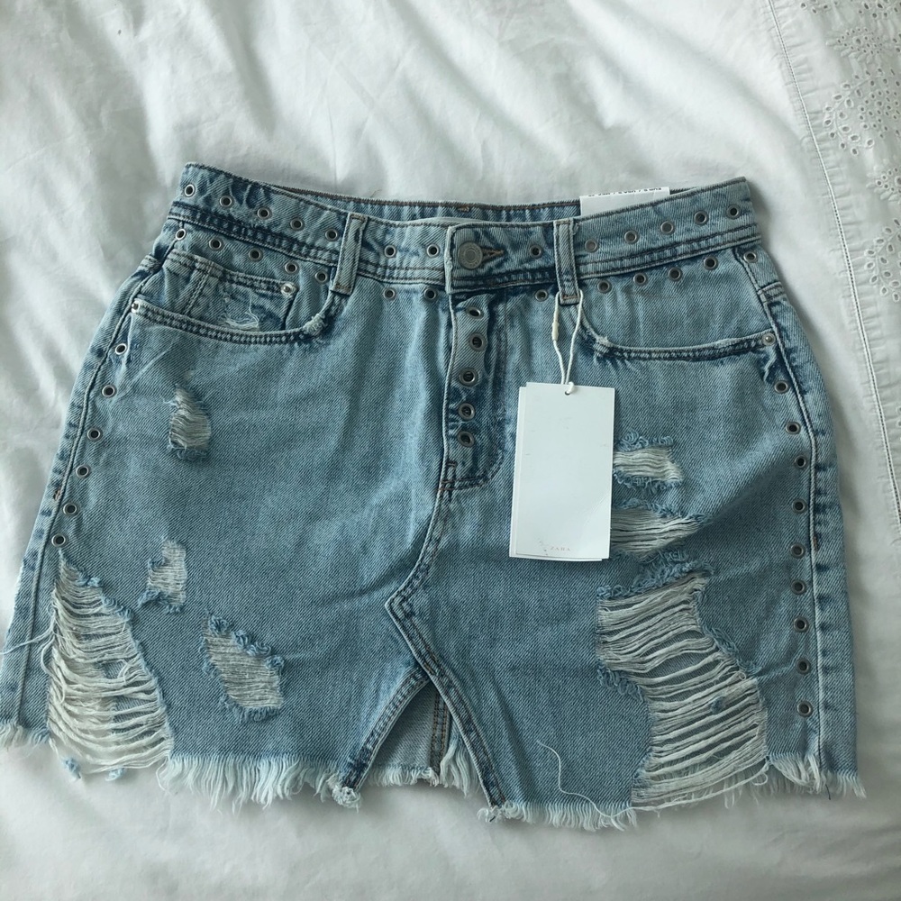 ZARA distressed denim mini skirt